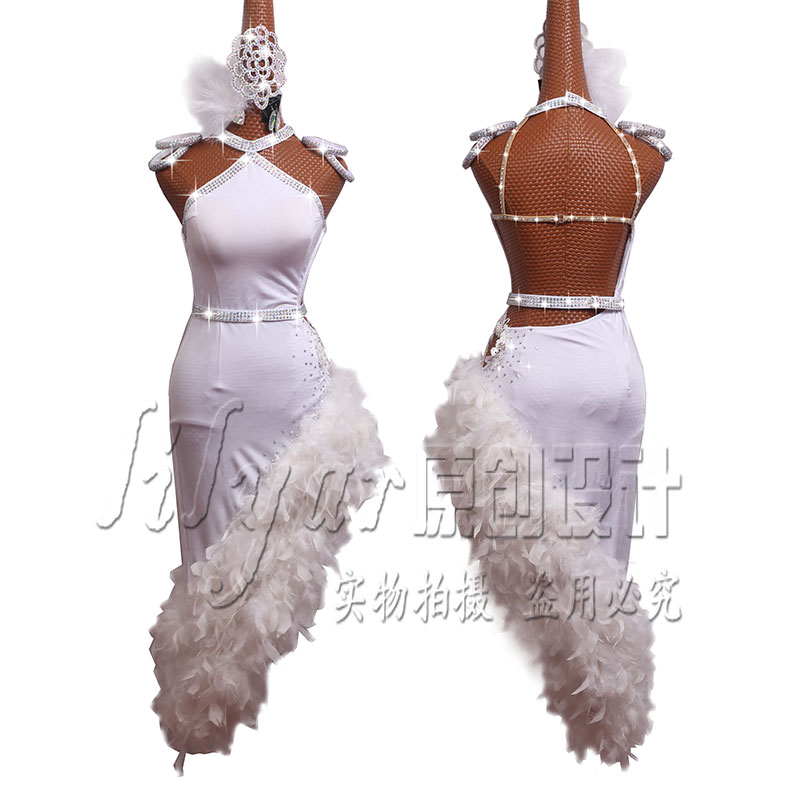 拉丁舞白色羽毛钻饰中式领斜
