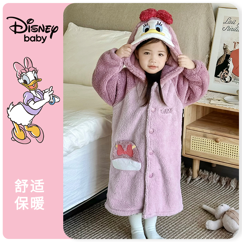 女童睡衣儿童珊瑚绒睡袍秋冬北美绒家居服加绒加厚黛西鸭女孩男童