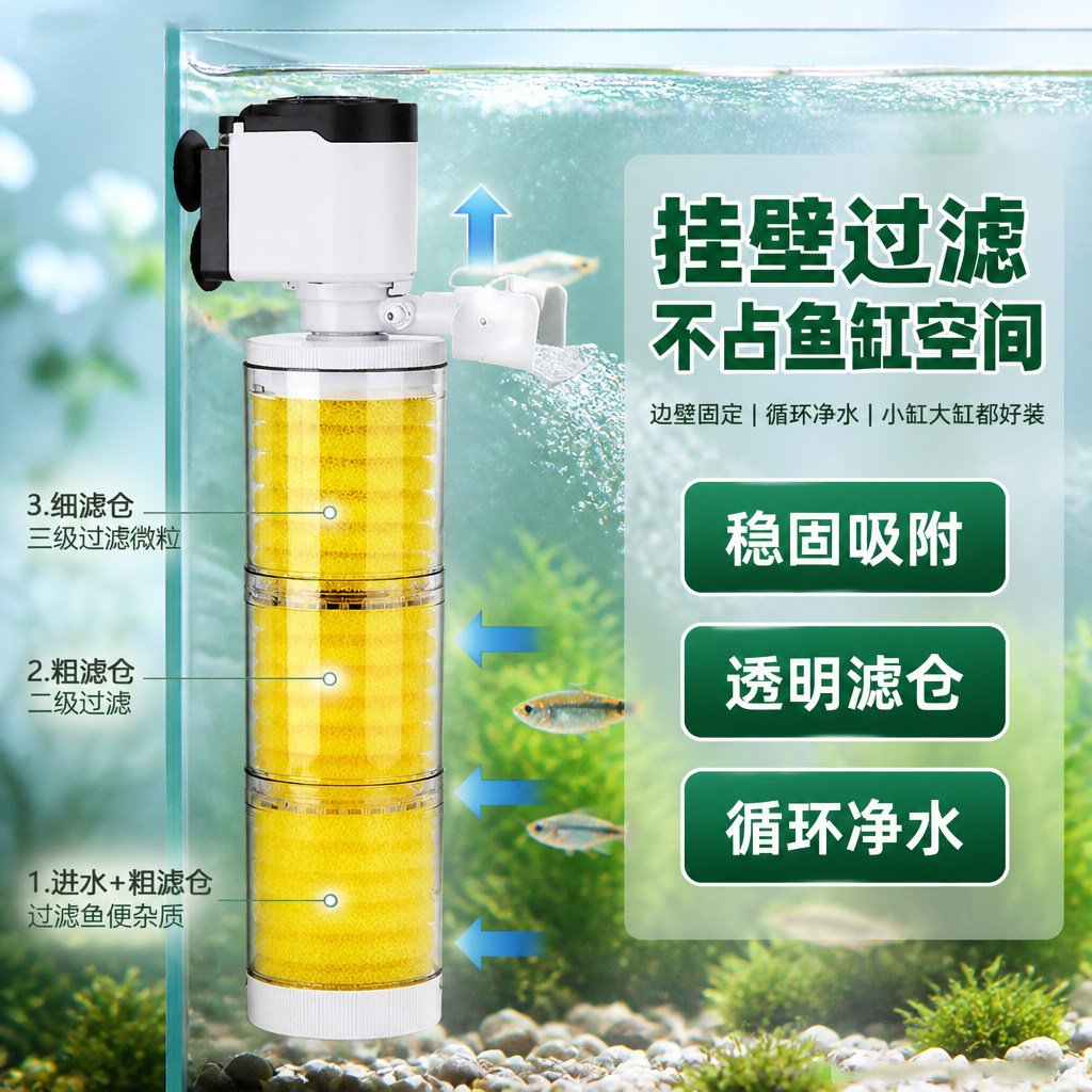 松宝内置过滤器一体免换水三合一培菌循环静音潜水泵黄色增氧气泵