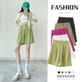 中裤 绿色短裤 冰丝5五分裤 雪纺西装 女夏高腰薄款 直筒休闲a字阔腿裤