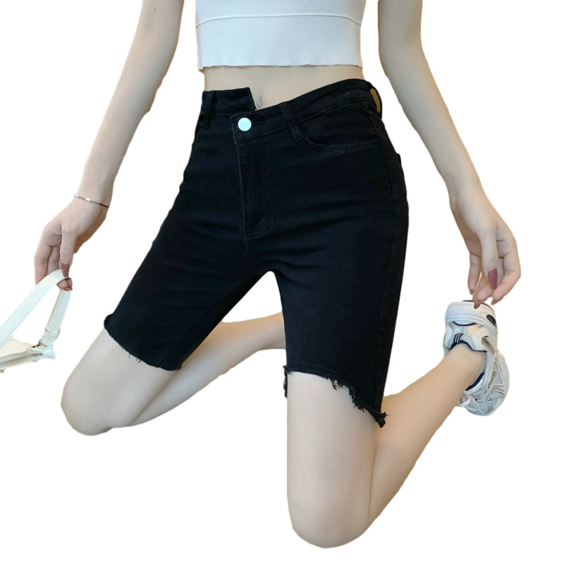 NET RED HONG KONG STYLE HIGH WAIST ELASTIC FOUR TO FIVE POINTS DENIM SHORTS WOMENS RIPPED TIGHTS SLIMMING IRREGULAR RIDING PANTS