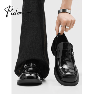 商务漆皮潮鞋 韩版 男黑色高级感乐福鞋 朴晨英伦复古一脚蹬休闲皮鞋