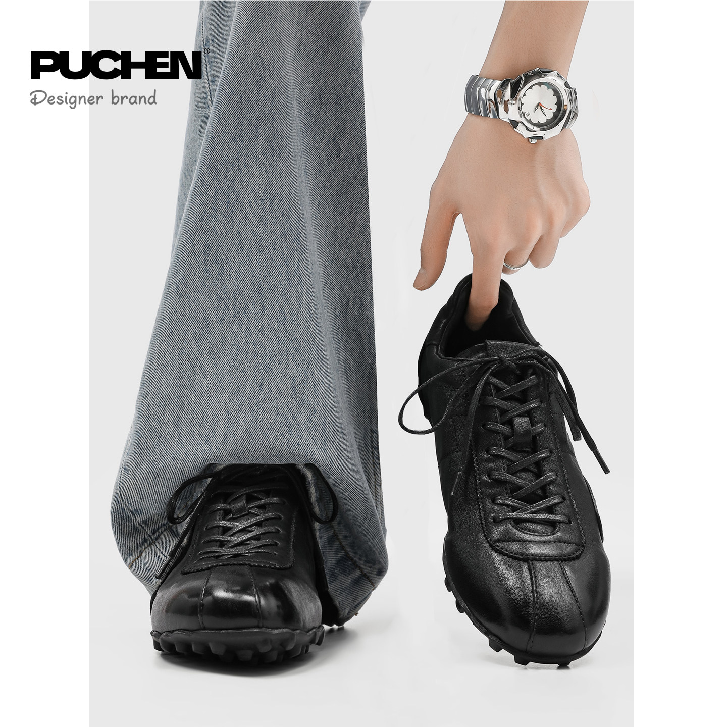 Pu"chen"老钱风皮鞋男黑色系带休闲百搭耐磨德训鞋百搭户外运动鞋
