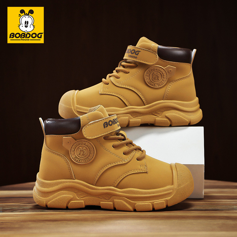 巴布豆男童马丁靴儿童靴子2024秋冬新款中大童大黄靴高帮英伦皮靴