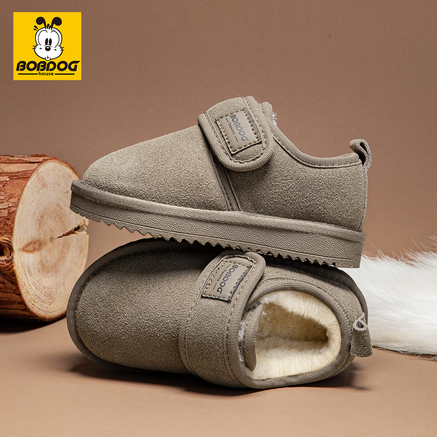 巴布豆儿童大棉鞋真皮加绒保暖男童短靴子冬季新款女宝宝雪地棉鞋