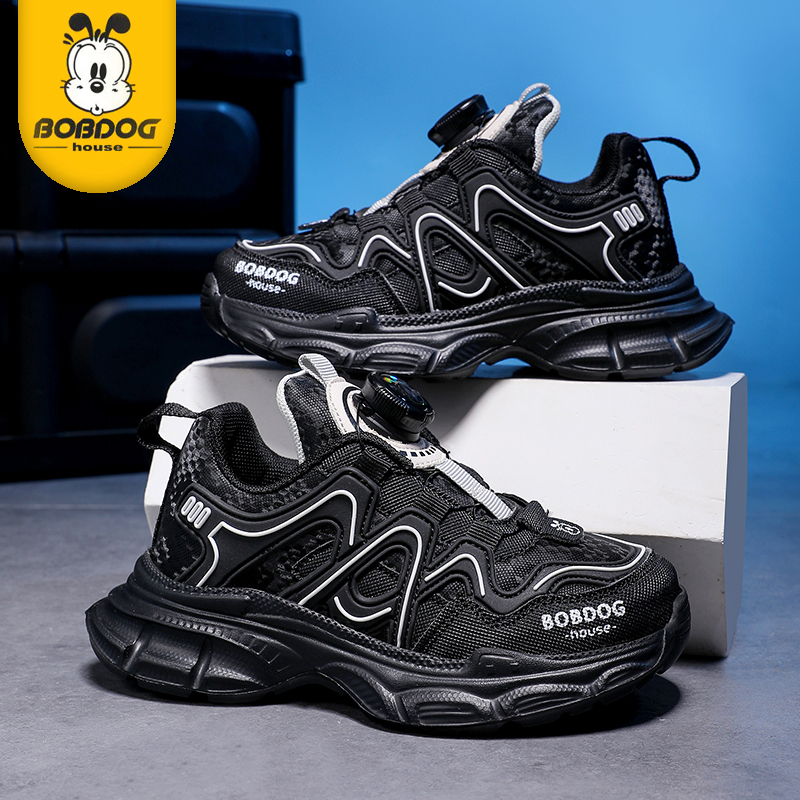 巴布豆男童鞋秋季2025新款春秋皮面防水老爹鞋防滑儿童女孩运动鞋