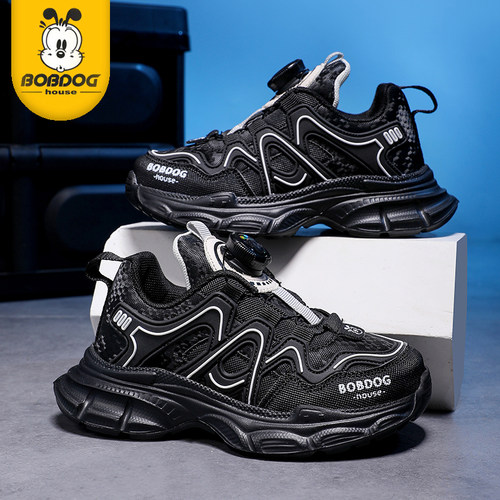 巴布豆男童鞋秋季2025新款春秋皮面防水老爹鞋防滑儿童女孩运动鞋