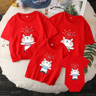 小兔子t恤一家三口母子母女装 洋气红色短袖 亲子装 时尚 婴儿爬爬服