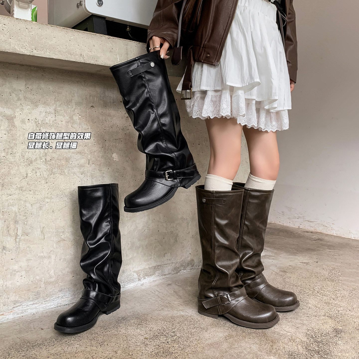 圆头裤管骑士靴女秋新款复古粗腿黑色大筒围褶皱堆堆靴胖mm长筒靴