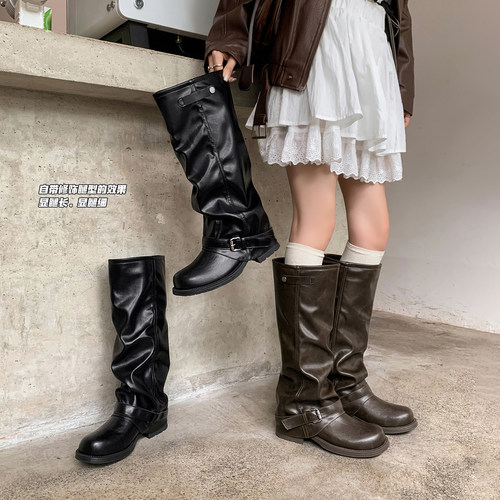 圆头裤管骑士靴女秋新款复古粗腿黑色大筒围褶皱堆堆靴胖mm长筒靴