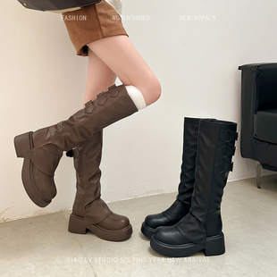 胖mm长筒靴女大码西部牛仔靴厚底废土风粗腿大筒围长靴裤管骑士靴