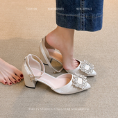 包头凉鞋 水钻尖头单鞋 女大码 法式 夏季 2025新款 高跟鞋 女加肥加宽41