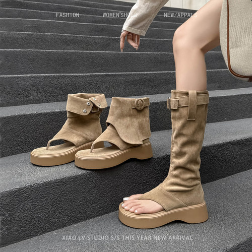 大码长靴子女夏美拉德厚底胖mm长筒靴大筒围夹趾凉靴粗腿堆堆短靴