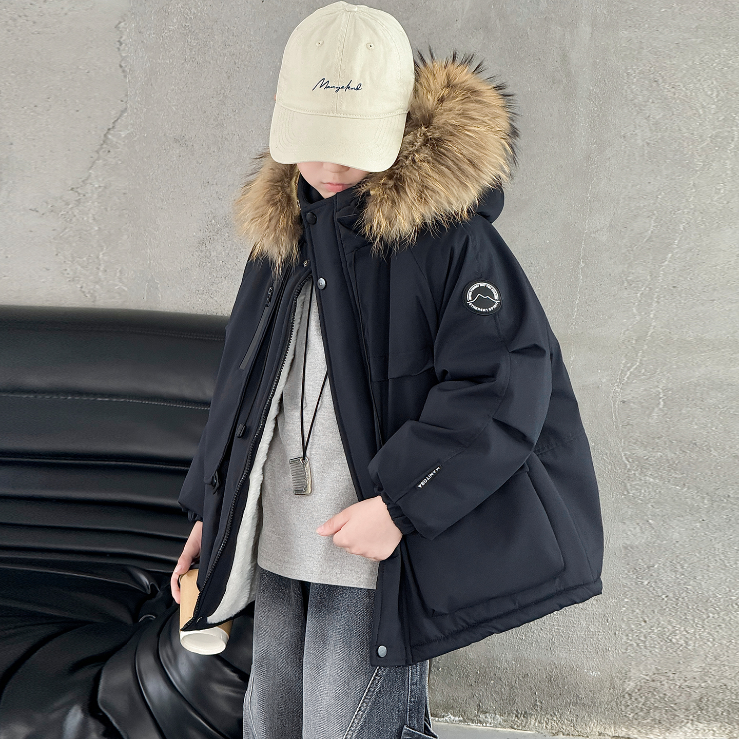 男童秋冬加绒派克服2025新款