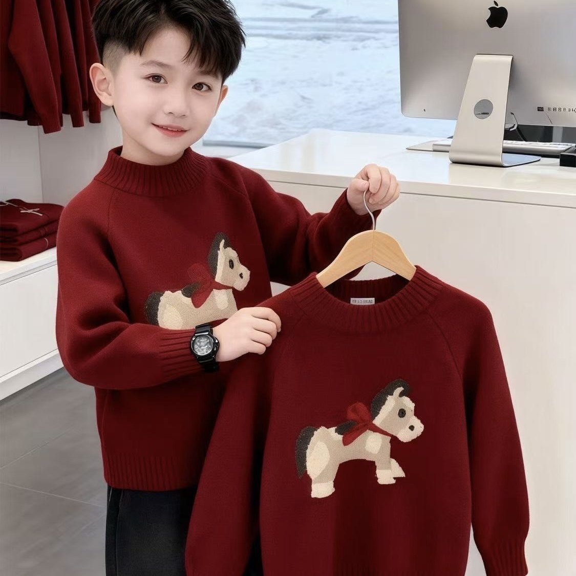 男童红色毛衣秋冬款2026新款休闲男孩中大童本命年马年儿童拜年服