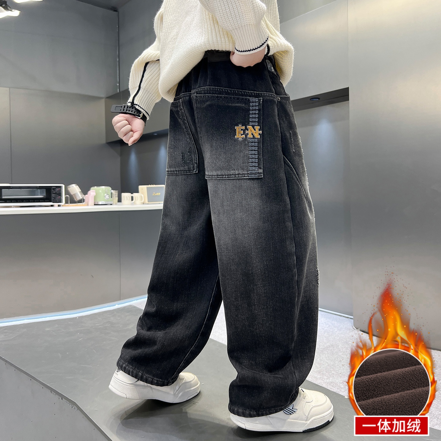 男童秋冬加绒牛仔裤2025新款