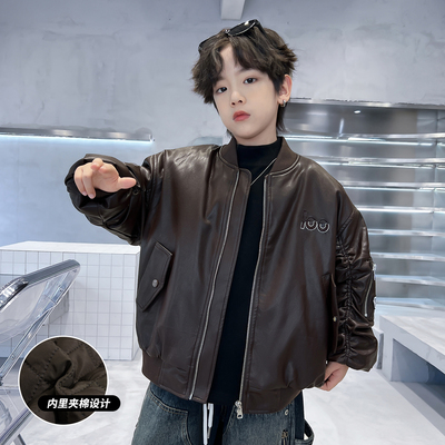 男童秋冬夹棉皮衣2025新款