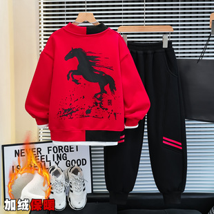 儿童装男童套装加绒冬季2026新款卫衣马年红色大童本命年衣服男孩