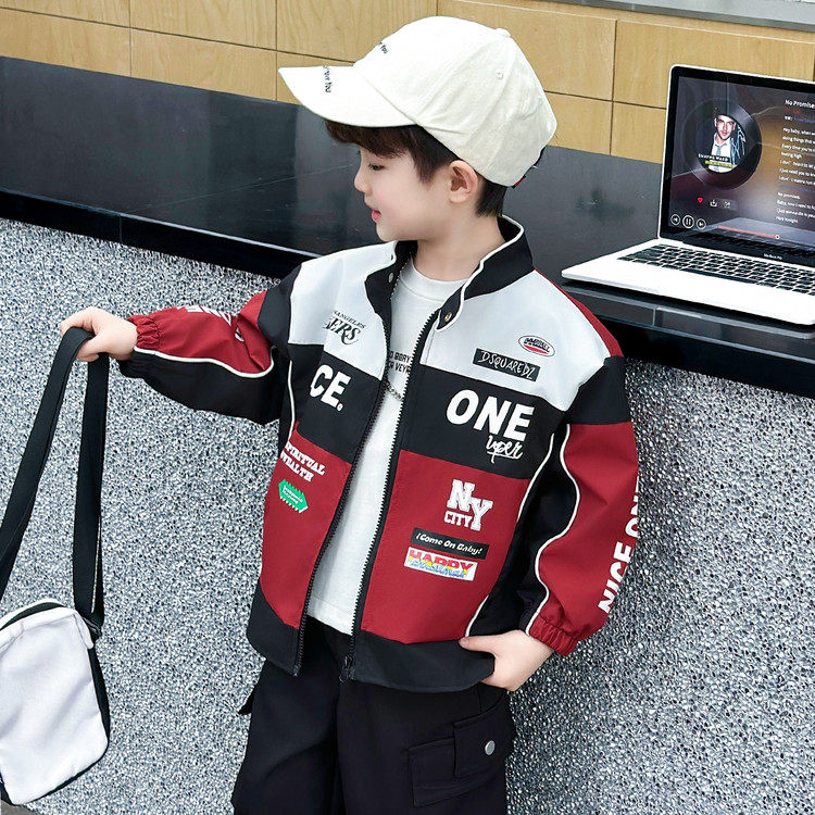 男童立领外套春秋儿童拼色机车服百搭拉链赛车风宝宝运动夹克帅气