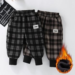 男童加绒裤子一体绒3岁宝宝哈伦裤6宽松4冬季8保暖5儿童格子裤潮
