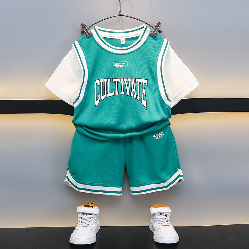 男童篮球服套装2026夏季新款男孩假两件短袖训练球衣儿童运动服潮