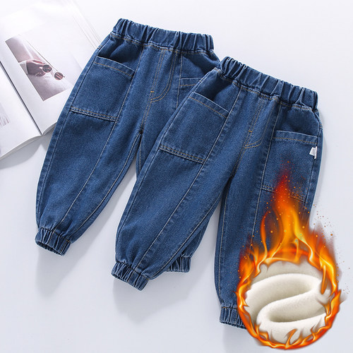 男童牛仔裤加绒秋冬一体绒薄绒