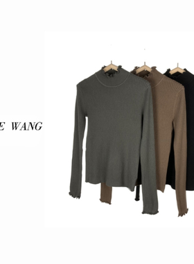 REINE WANG 新款木耳花边高弹力毛线加厚针织打底衫