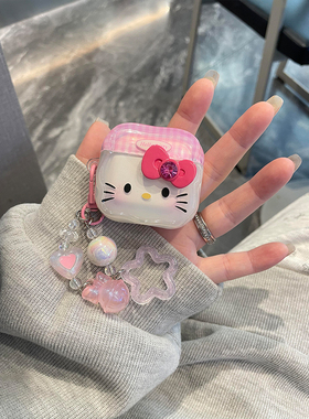 日韩粉格纹拼接蝴蝶结Kitty猫适用苹果Pro3蓝牙AirPodsPro耳机壳AirPods4代软AirPods1/2硅胶3代防摔套Pro2代