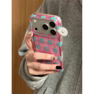 粉格纹涂鸦小雏菊花适用iPhone17promax手机壳独特不撞壳苹果16Pro新款15全包16pm防摔17女款17Pro小众巨好看