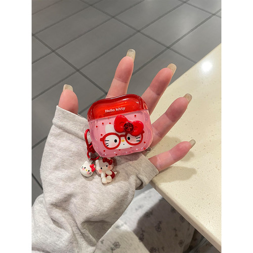 韩系波点软萌可爱红眼镜Kitty猫适用苹果无线蓝牙AirPodsPro三代耳机壳AirPods4代软1/2代硅胶3代防摔Pro3代
