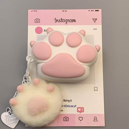可爱毛绒粉色猫爪挂件适用苹果无线蓝牙AirPodsPro三代耳机壳4代软AirPods1/2硅胶AirPods3保护套Pro2防摔女