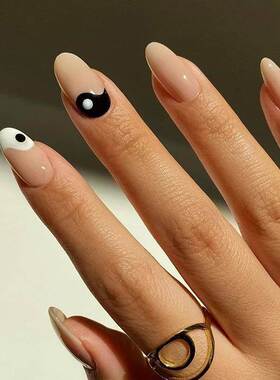 24pcs/box Press On Nails Almond Tai Chi White and Black Wear