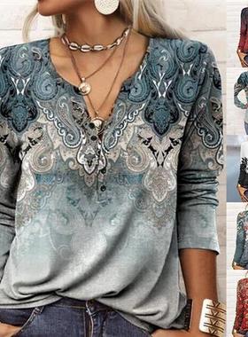 Autumn and winter womens long-sleeved printed ethnic