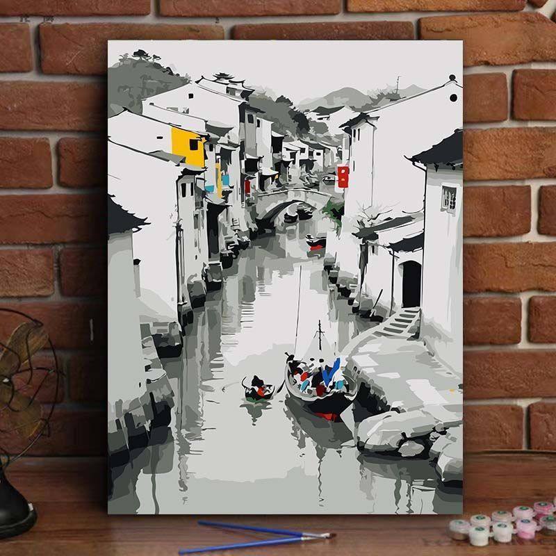 数字油画diy填色中国风山水景装饰画高级感填充水墨风手绘可定制