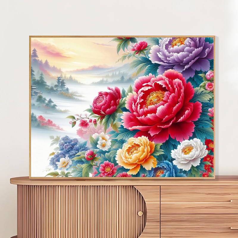 新中式装饰画diy数字油画牡丹花卉填充油彩画填色丙烯画手工礼物图片