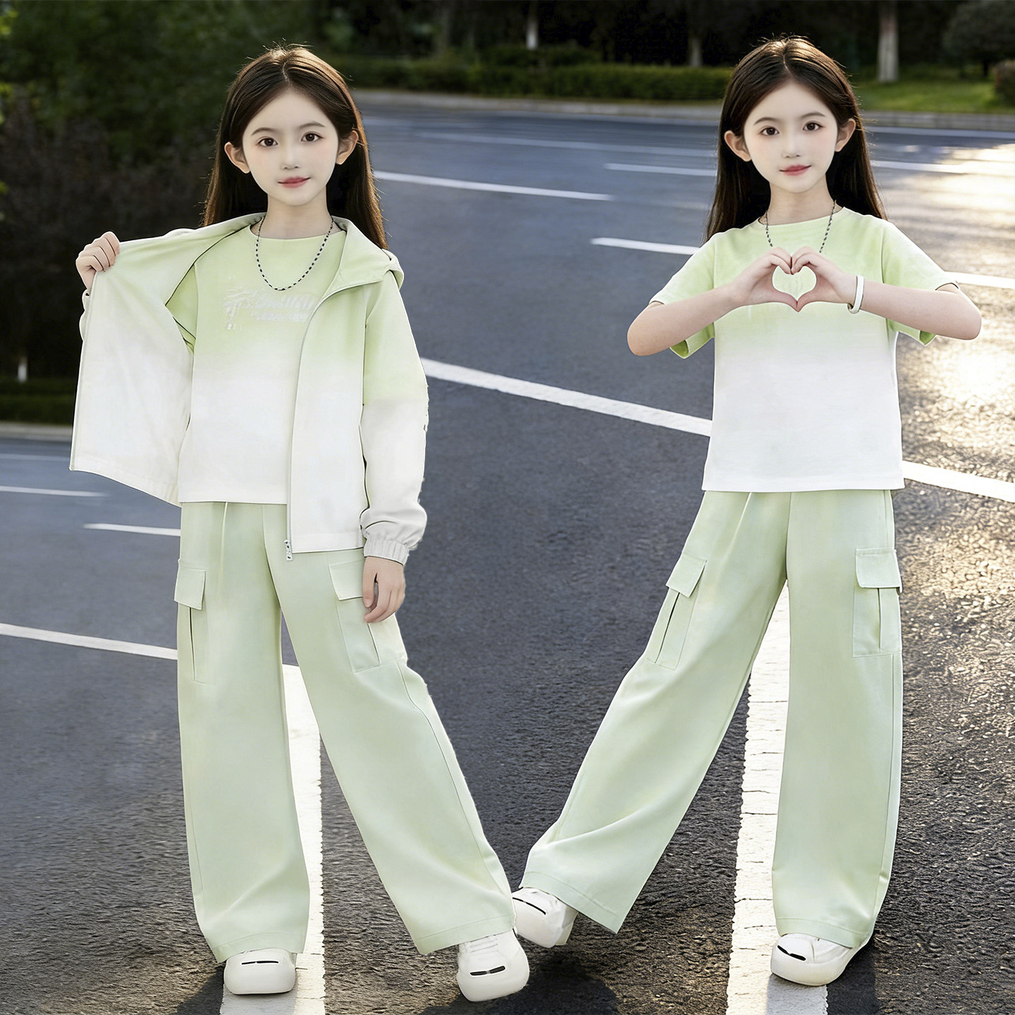 女童运动套装春夏季2026新款中大童女孩短袖休闲裤子韩版渐变外套