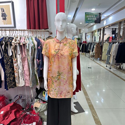 优雅气质夏季新国风中式旗袍式真丝印花女小衫上衣斜襟盘口女衬衫