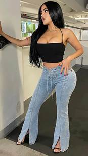 Jeans straight leg pants for women高腰绑带开叉牛仔裤直筒长裤