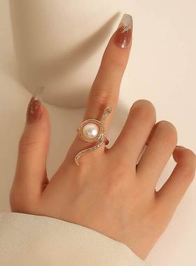 欧美珍珠蛇戒指punk snake rings women pearl index finger ring