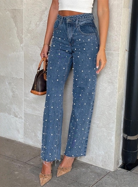 欧美时尚休闲钉珠毛边直筒牛仔裤长裤女 Denim Pants Jeans Women
