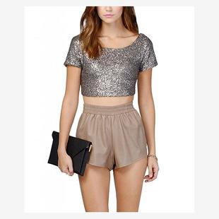 Crop Tops Candy Glitter Short Backless colors Sleeve Sequins