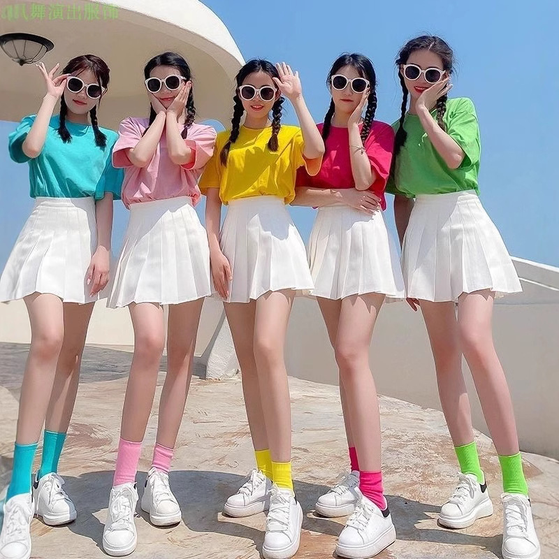高中生糖果色T恤啦啦操演出拉拉队表演夏季运动会毕业季闺蜜服装