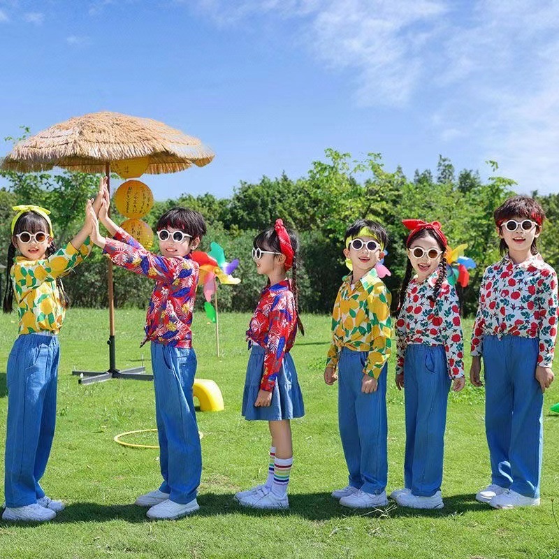 儿童啦啦队演出服幼儿园港风花衬衫复古短袖小学生运动会表演服装