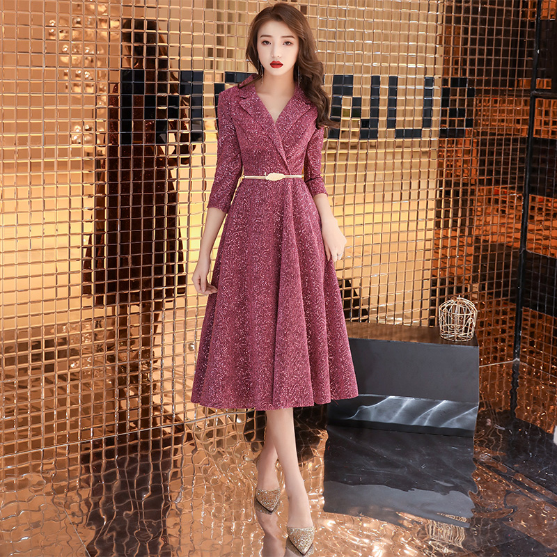 晚礼服女2019新款秋冬宴会中长款新娘结婚礼服敬酒服v领现代显瘦(用5元券)