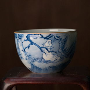 景德镇谷雨山房没空手绘青花八僧图达摩面壁神光参间金边云坞杯