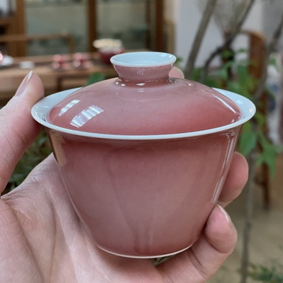 谷雨山房手工原矿豇豆红马蹄盖碗