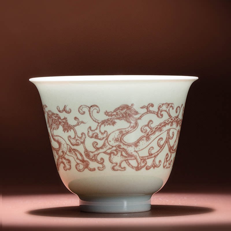 龙圣华苑景德镇谷雨山房手绘釉里红灵芝双螭纹留白仰钟杯手工茶杯