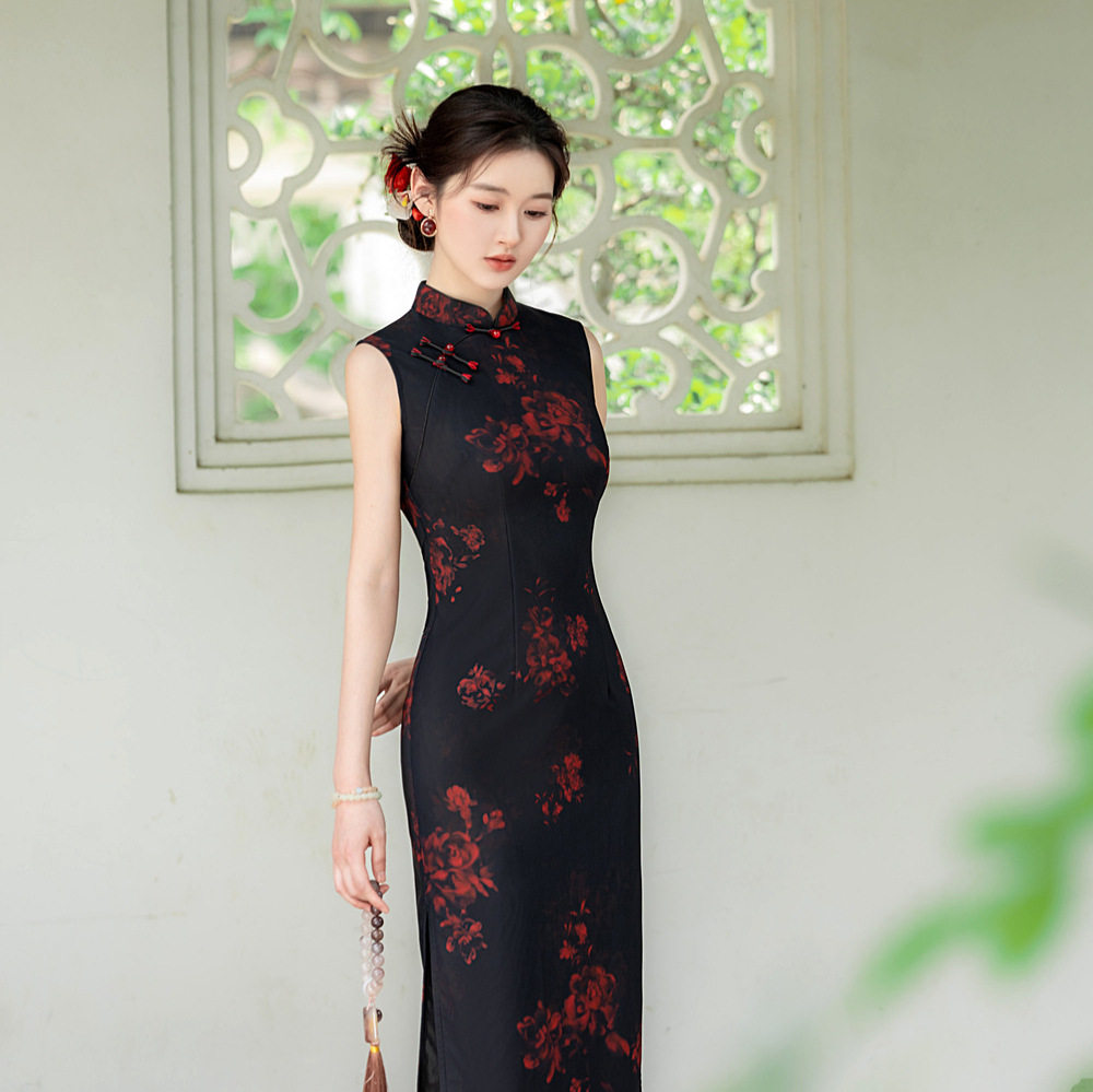 黑色带花显瘦国风新中式长款旗袍年轻2026新款女复古老上海夏天图片