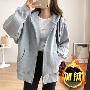 学生宽松加绒新款 韩版 百搭外套上衣ins潮 新款 连帽卫衣女春秋冬季