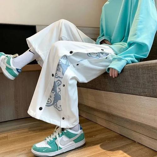 排扣裤男运动阔腿裤学生宽松直筒百搭休闲高街2022新款长裤卫裤